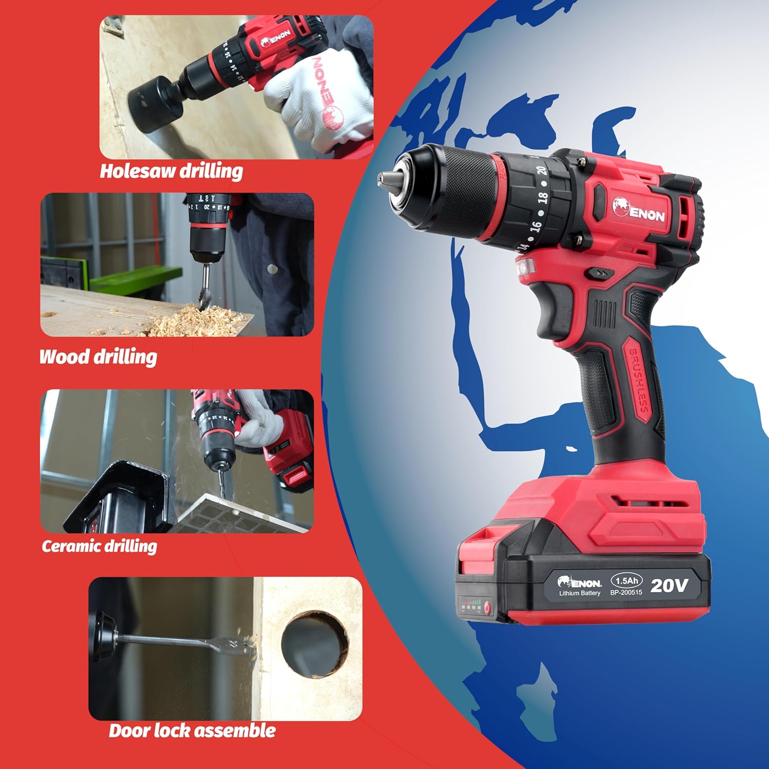 Enon Cordless 20V, Brushless Drill for Home Use, 1450Rpm, Keyless Chuck 13mm, 20 Level Torque, F/R Trigger, 2 Speed Modes, 2X1.5Ah Batteries, Kit for Wood, Ceramic 6 Month Warranty (XE-BL2012) Enon Cordless 20V, Brushless Drill for Home Use, 1450Rpm, Keyless Chuck 13mm, 20 Level Torque, F/R Trigger, 2 Speed Modes, 2X1.5Ah Batteries, Kit for Wood, Ceramic 6 Month Warranty (XE-BL2012)